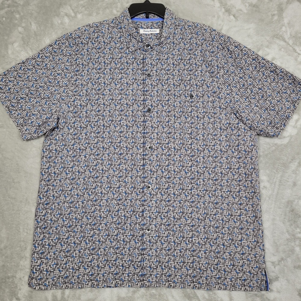 Tommy Bahama 100% Silk Mens XL Gray Blue Geometric Print Short Sleeve Shirt NWOT